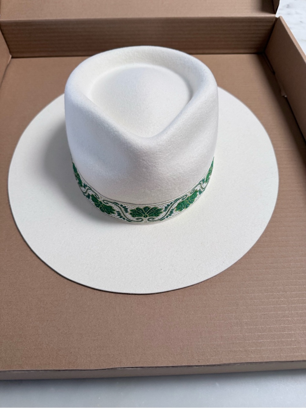 Lack Of Color White Fedora with Green Embroidered Band